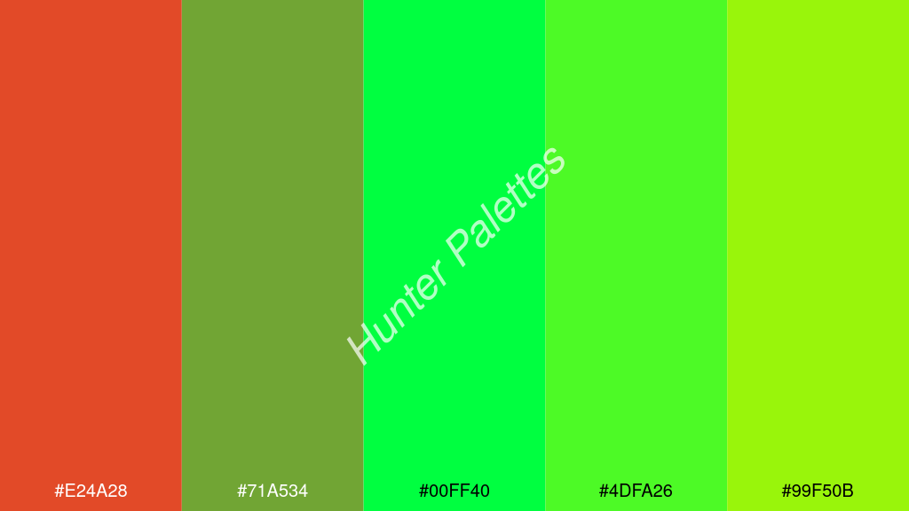 fluoreszkáló zöld szín palettája a következőkkel: #e24a28 #71a534 #00ff40 #4dfa26 #99f50b