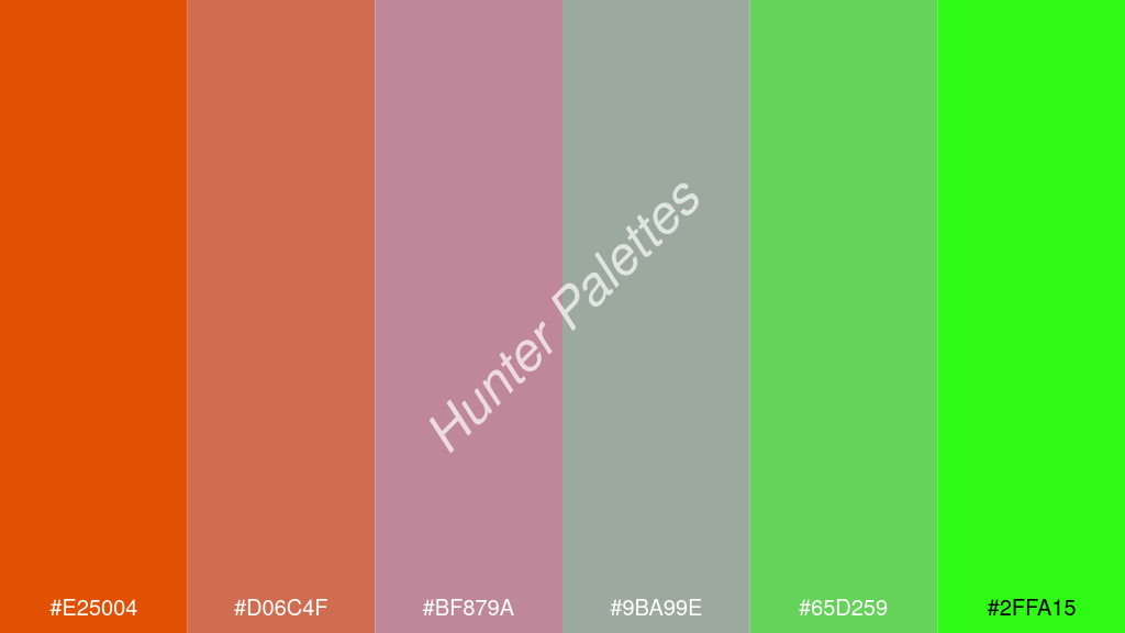 orgona szín palettája a következőkkel: #e25004 #d06c4f #bf879a #9ba99e #65d259 #2ffa15