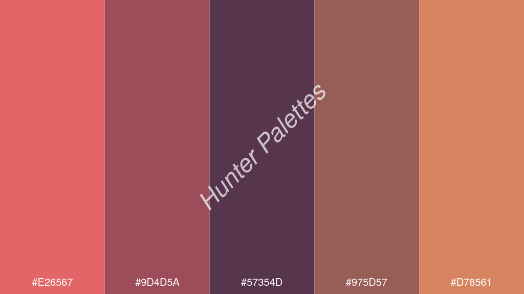 szilva szín palettája a következőkkel: #e26567 #9d4d5a #57354d #975d57 #d78561