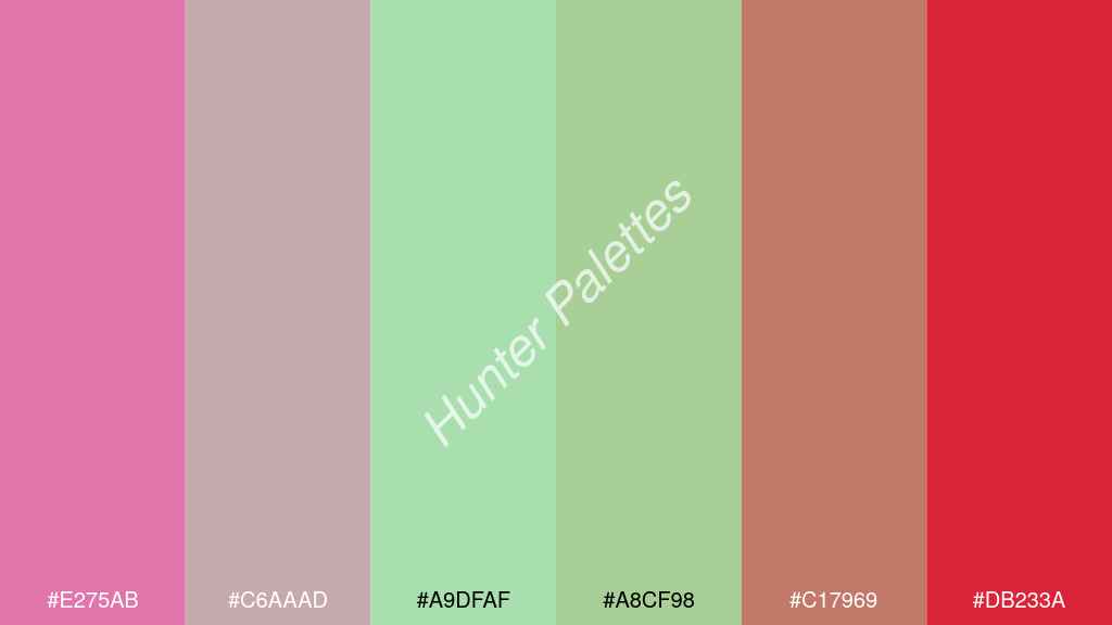 menta szín palettája a következőkkel: #e275ab #c6aaad #a9dfaf #a8cf98 #c17969 #db233a
