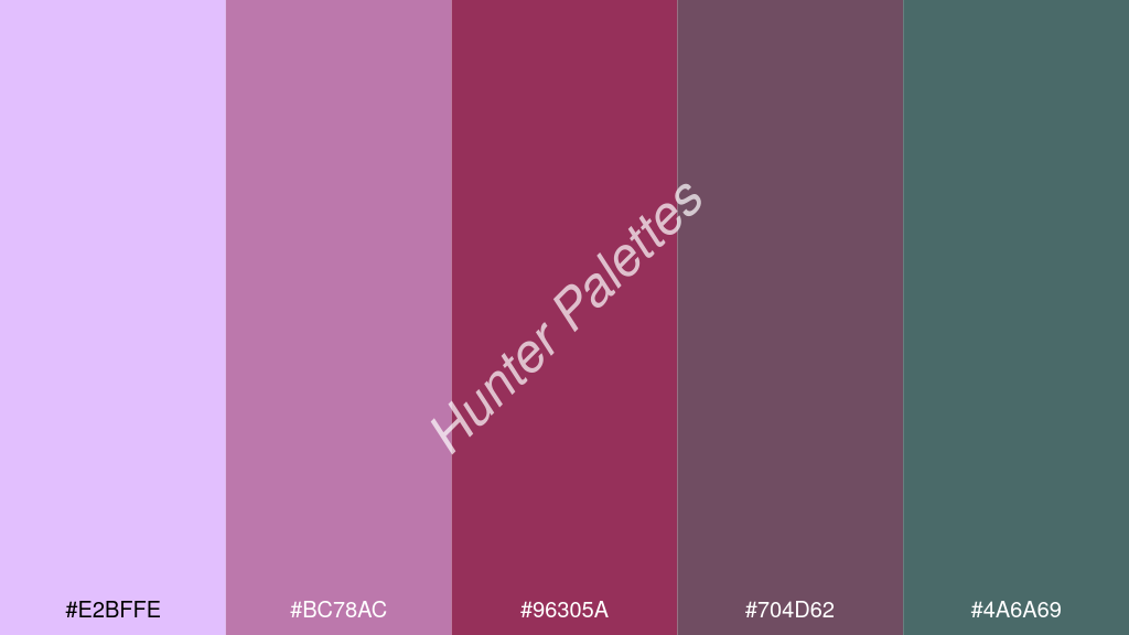 bordó szín palettája a következőkkel: #e2bffe #bc78ac #96305a #704d62 #4a6a69