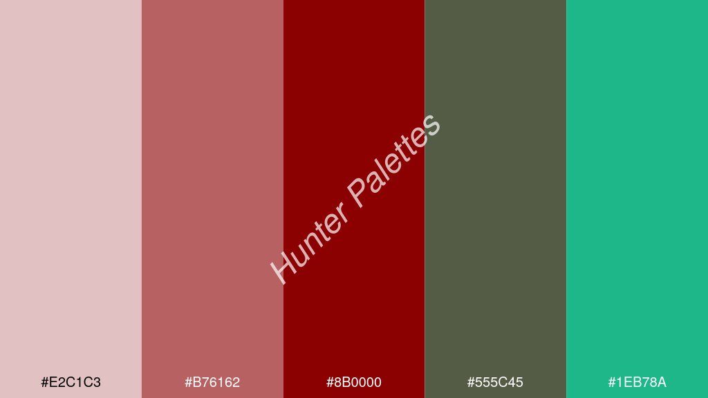 sötétvörös szín palettája a következőkkel: #e2c1c3 #b76162 #8b0000 #555c45 #1eb78a