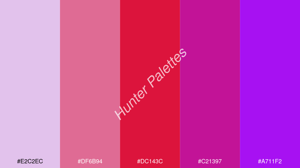 bíbor szín palettája a következőkkel: #e2c2ec #df6b94 #dc143c #c21397 #a711f2