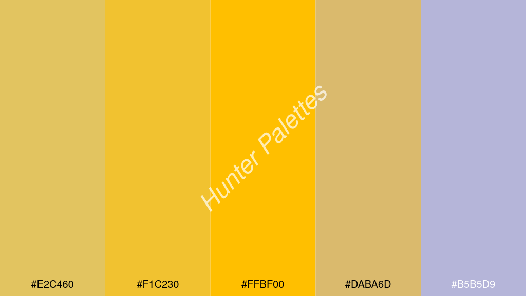 borostyán szín palettája a következőkkel: #e2c460 #f1c230 #ffbf00 #daba6d #b5b5d9