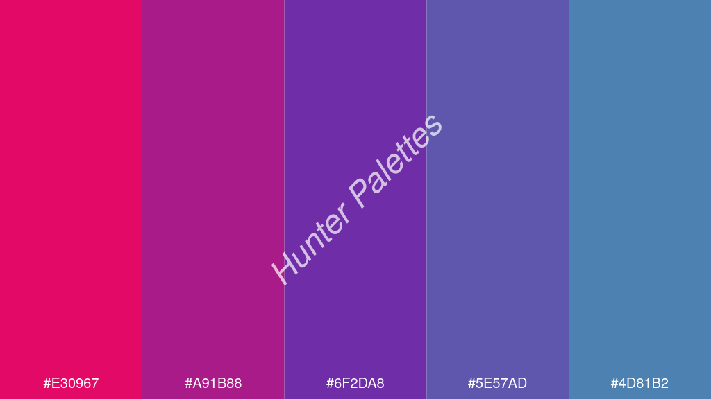 szőlő szín palettája a következőkkel: #e30967 #a91b88 #6f2da8 #5e57ad #4d81b2
