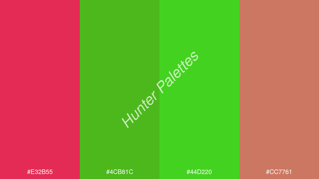 zöld szín palettája a következőkkel: #e32b55 #4cb81c #44d220 #cc7761