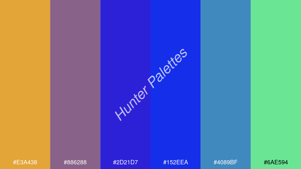 kék szín palettája a következőkkel: #e3a438 #886288 #2d21d7 #152eea #4089bf #6ae594