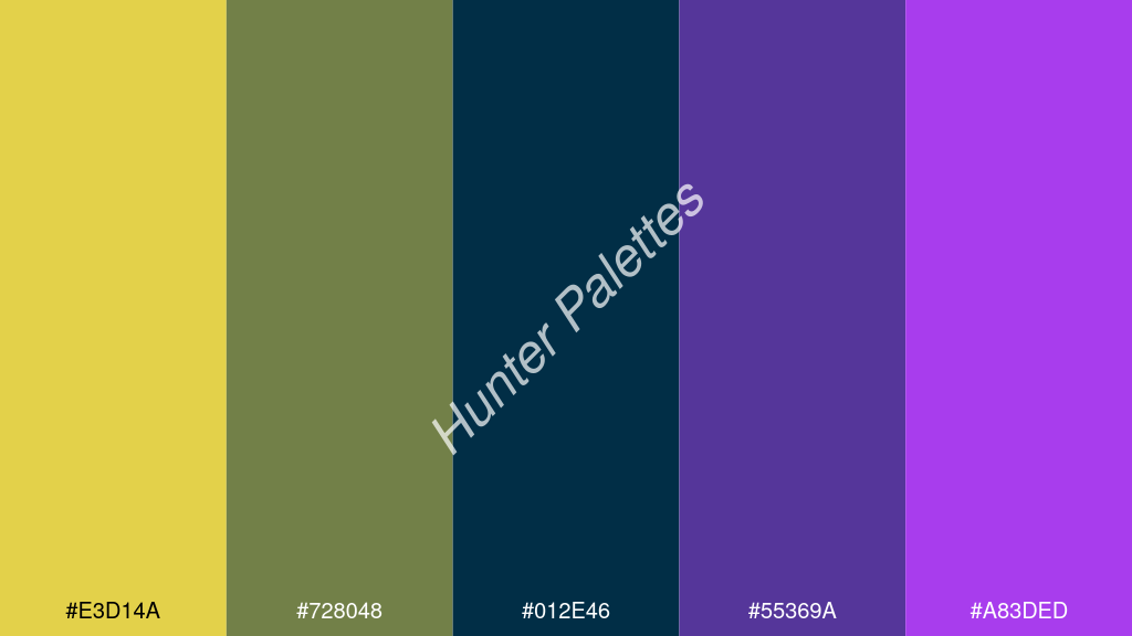 pávakék szín palettája a következőkkel: #e3d14a #728048 #012e46 #55369a #a83ded