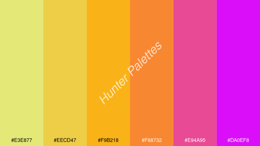 narancssárga szín palettája a következőkkel: #e3e877 #eecd47 #f9b218 #f88732 #e94a95 #da0ef8