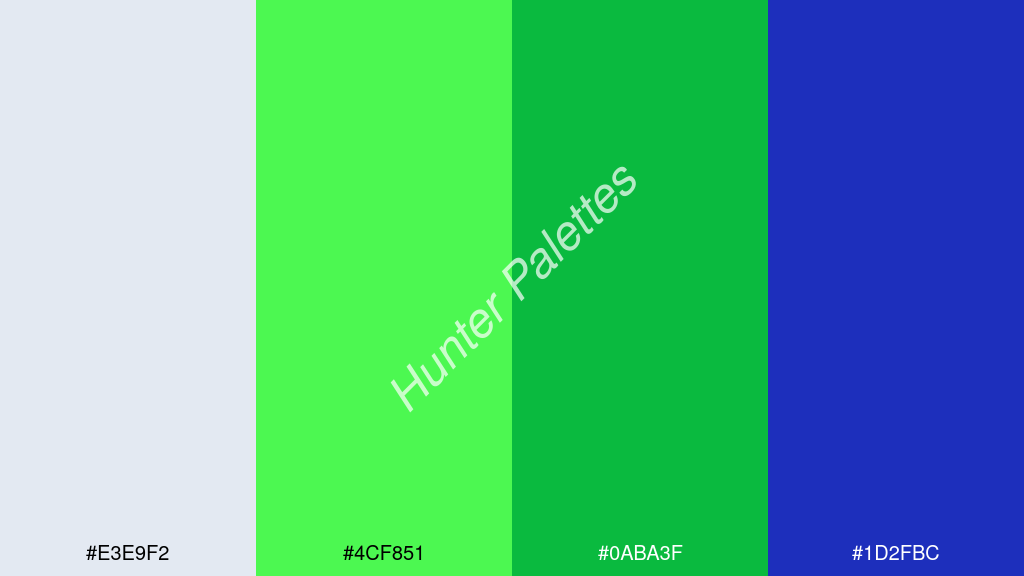 zöld szín palettája a következőkkel: #e3e9f2 #4cf851 #0aba3f #1d2fbc
