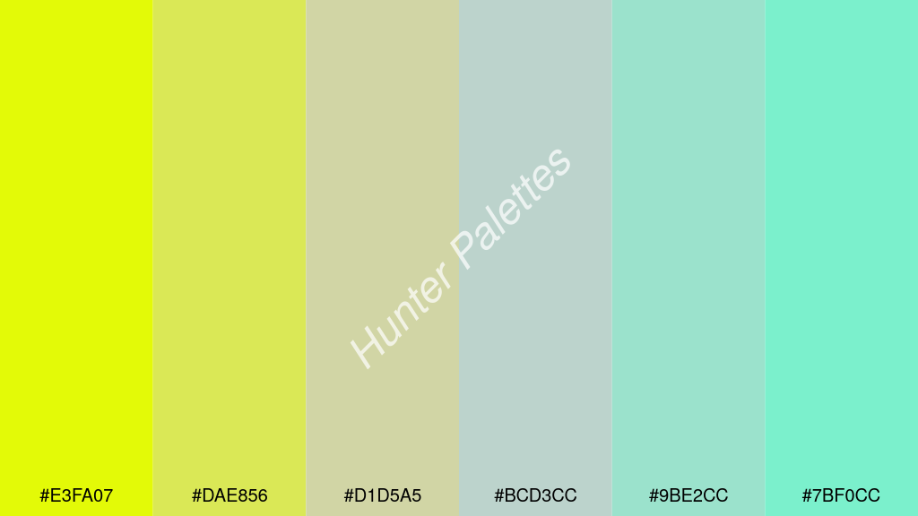 cccccc szín palettája a következőkkel: #e3fa07 #dae856 #d1d5a5 #bcd3cc #9be2cc #7bf0cc