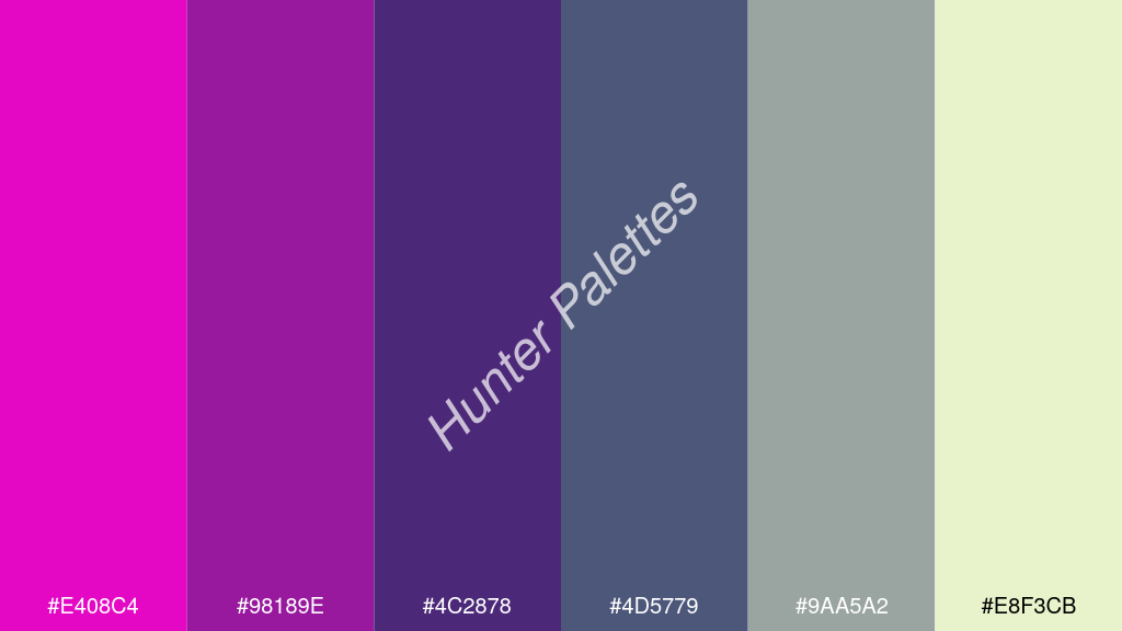 kobaltkék szín palettája a következőkkel: #e408c4 #98189e #4c2878 #4d5779 #9aa5a2 #e8f3cb