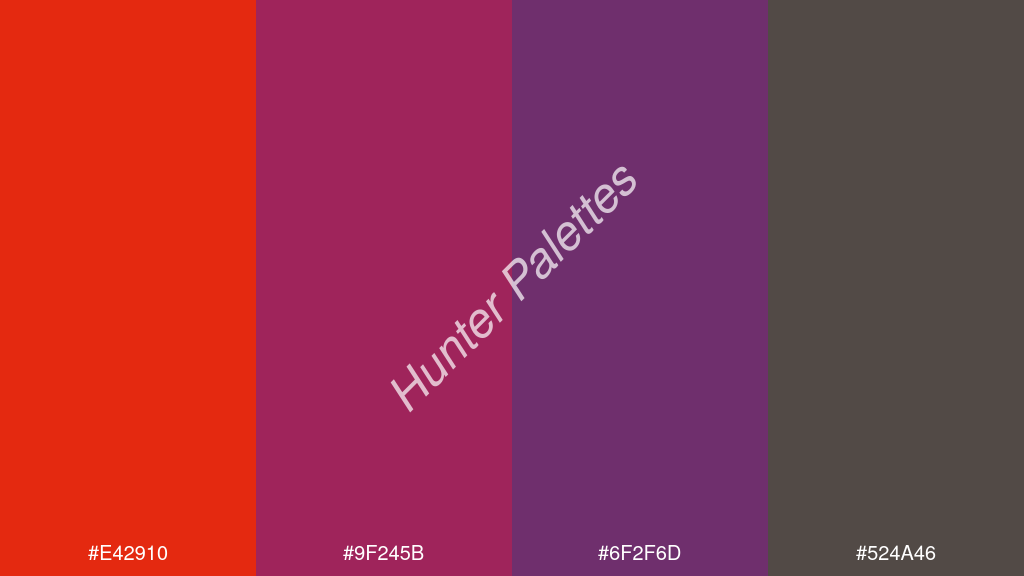 lila szín palettája a következőkkel: #e42910 #9f245b #6f2f6d #524a46
