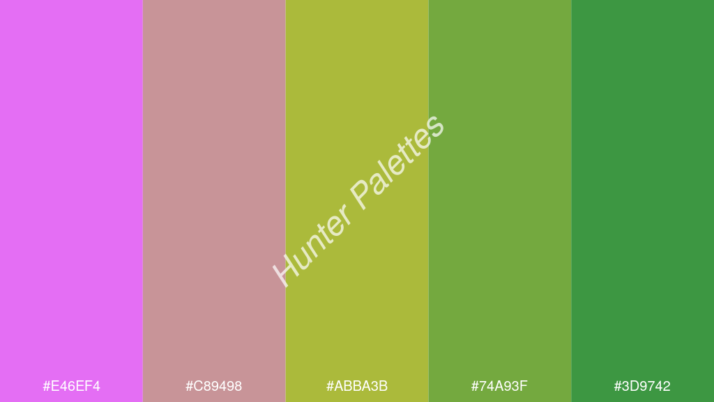 kivi szín palettája a következőkkel: #e46ef4 #c89498 #abba3b #74a93f #3d9742