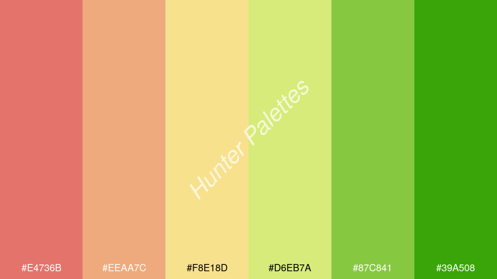 pasztell sárga szín palettája a következőkkel: #e4736b #eeaa7c #f8e18d #d6eb7a #87c841 #39a508