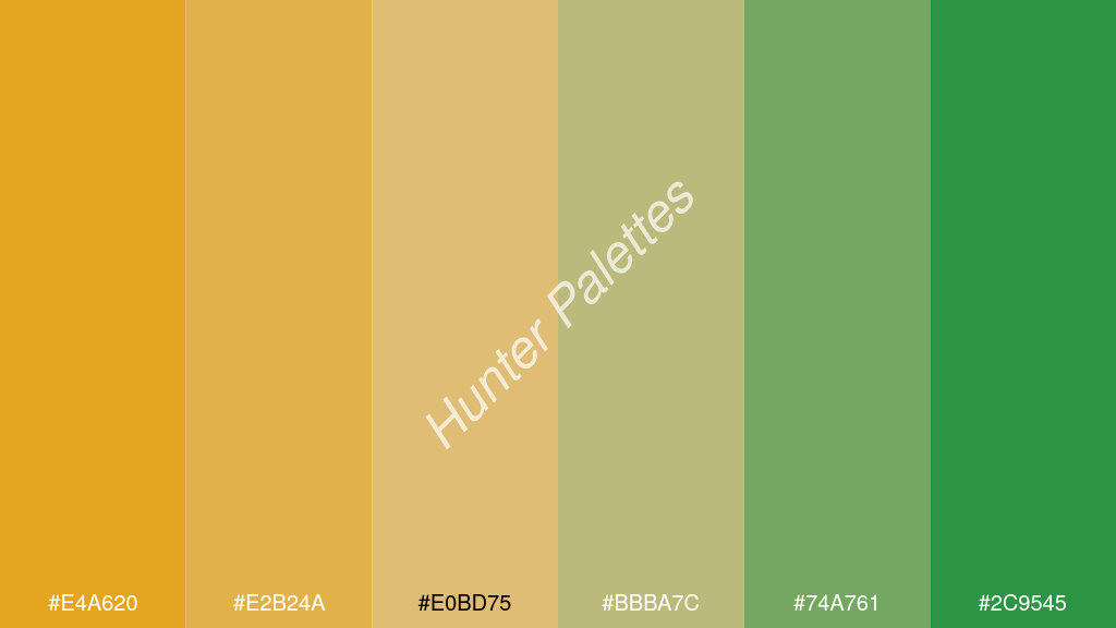 khaki szín palettája a következőkkel: #e4a620 #e2b24a #e0bd75 #bbba7c #74a761 #2c9545