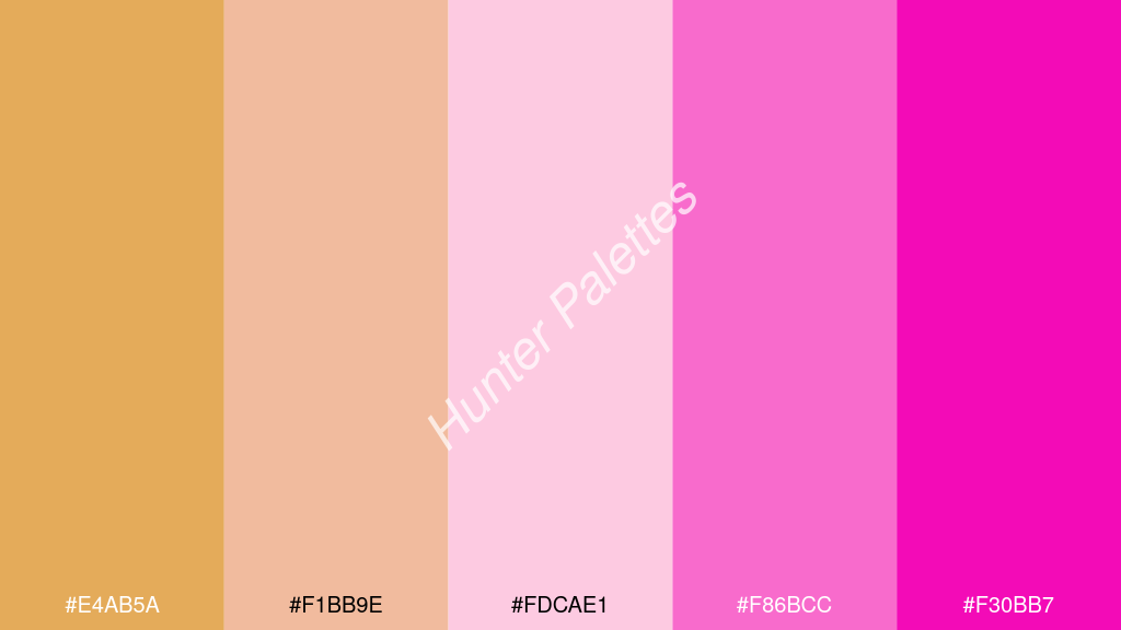 pasztell rózsaszín szín palettája a következőkkel: #e4ab5a #f1bb9e #fdcae1 #f86bcc #f30bb7