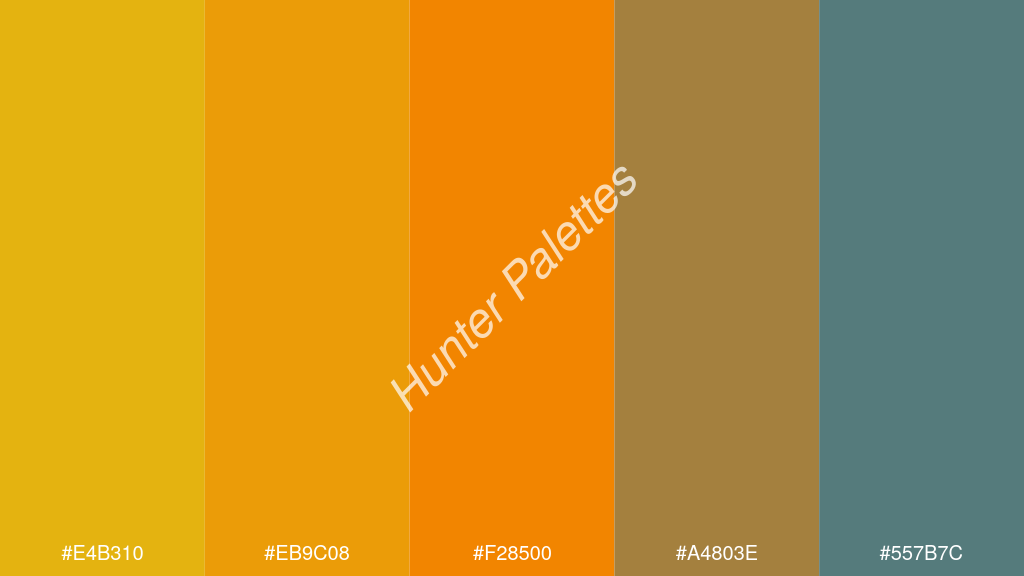 mandarin szín palettája a következőkkel: #e4b310 #eb9c08 #f28500 #a4803e #557b7c