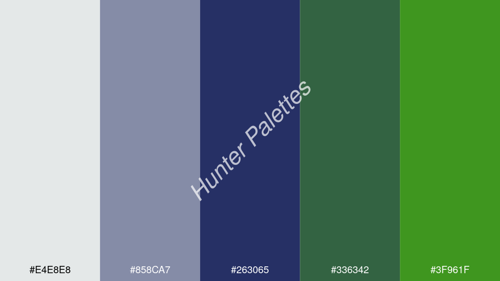 kobaltkék szín palettája a következőkkel: #e4e8e8 #858ca7 #263065 #336342 #3f961f