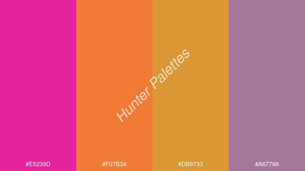 mustársárga szín palettája a következőkkel: #e5239d #f07b34 #db9733 #a67798