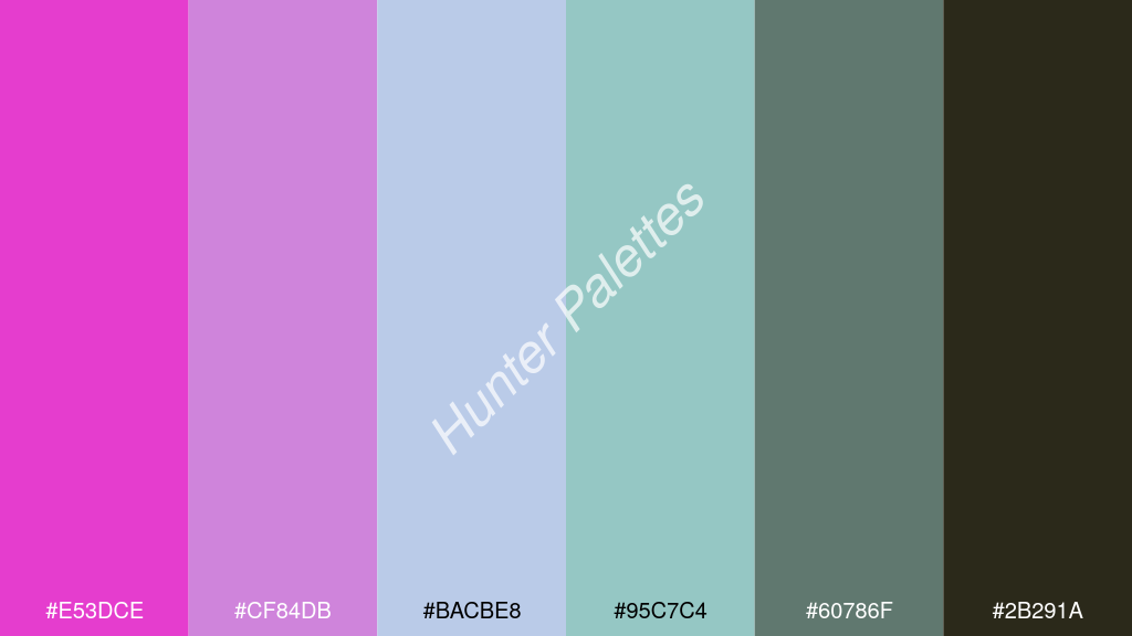 halvány türkiz szín palettája a következőkkel: #e53dce #cf84db #bacbe8 #95c7c4 #60786f #2b291a
