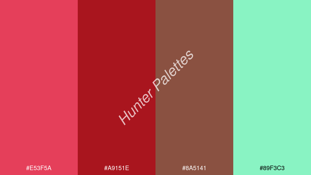 sötétvörös szín palettája a következőkkel: #e53f5a #a9151e #8a5141 #89f3c3