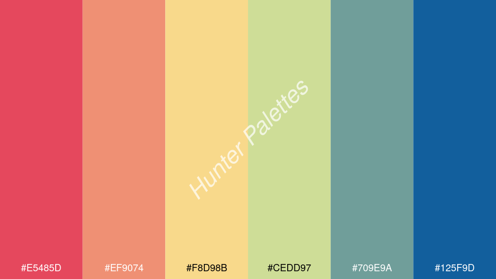 pasztell sárga szín palettája a következőkkel: #e5485d #ef9074 #f8d98b #cedd97 #709e9a #125f9d