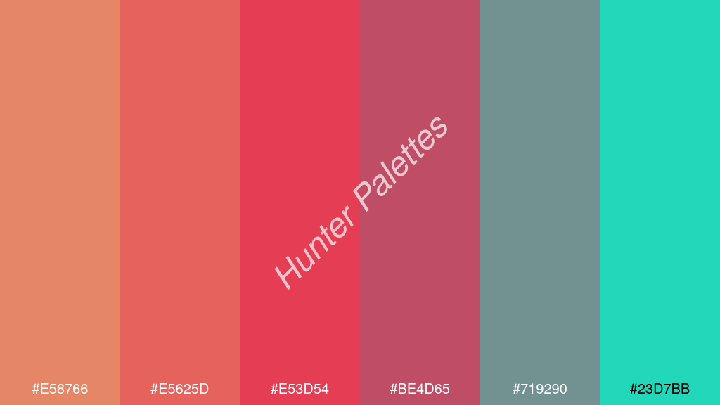 amarant szín palettája a következőkkel: #e58766 #e5625d #e53d54 #be4d65 #719290 #23d7bb