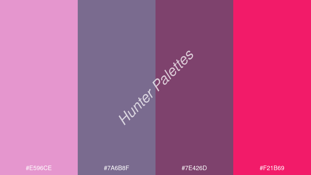 kékes szürke szín palettája a következőkkel: #e596ce #7a6b8f #7e426d #f21b69