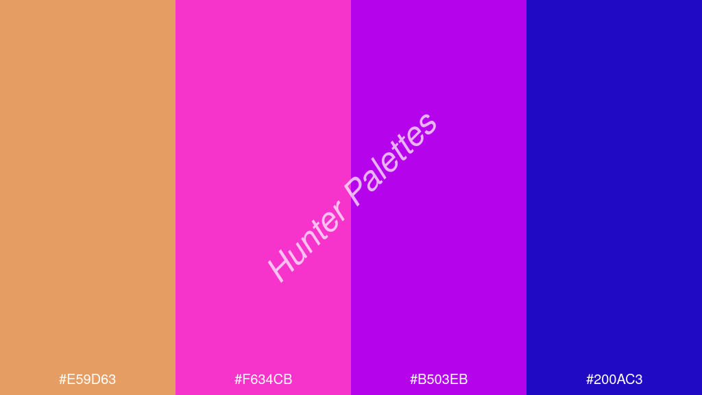 magenta szín palettája a következőkkel: #e59d63 #f634cb #b503eb #200ac3