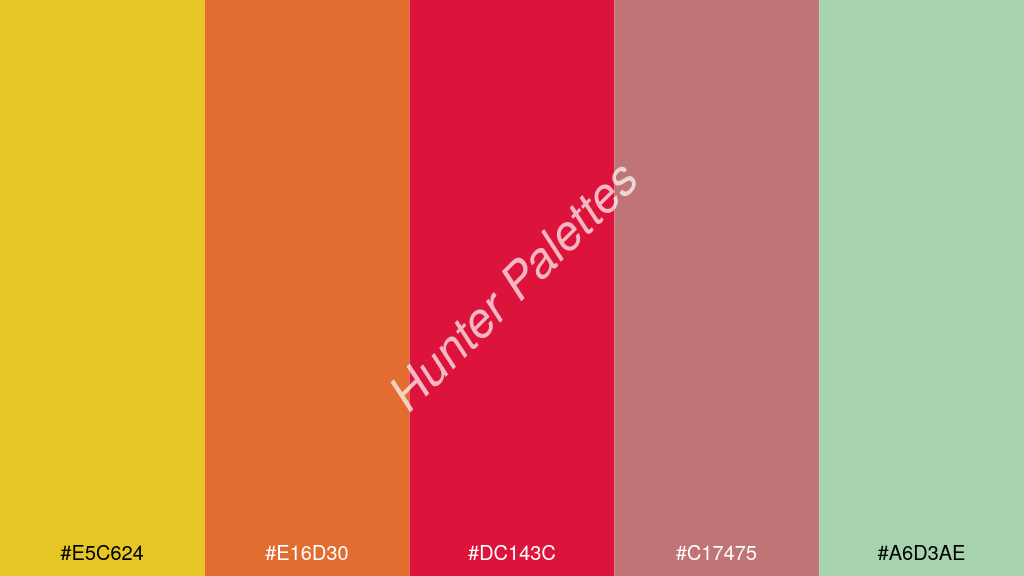 bíbor szín palettája a következőkkel: #e5c624 #e16d30 #dc143c #c17475 #a6d3ae