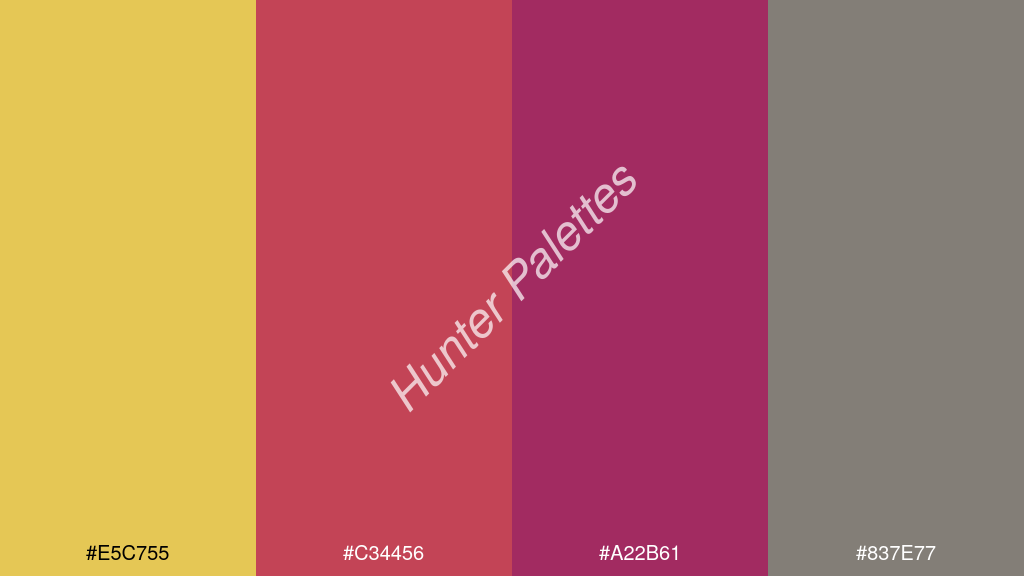 élénk rózsaszín szín palettája a következőkkel: #e5c755 #c34456 #a22b61 #837e77