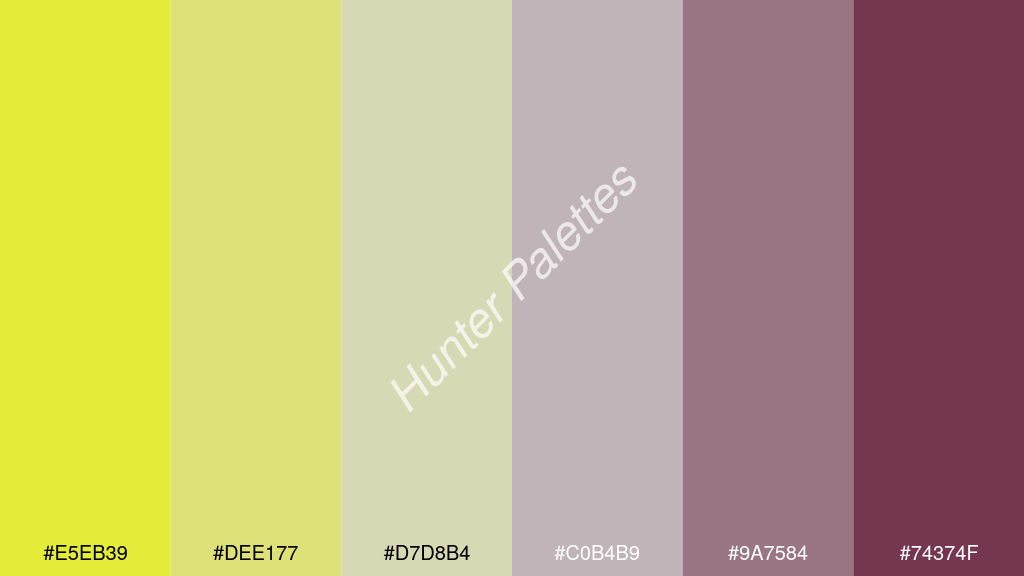 világos szürke szín palettája a következőkkel: #e5eb39 #dee177 #d7d8b4 #c0b4b9 #9a7584 #74374f