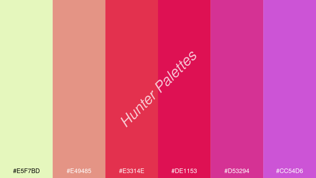 skarlát szín palettája a következőkkel: #e5f7bd #e49485 #e3314e #de1153 #d53294 #cc54d6