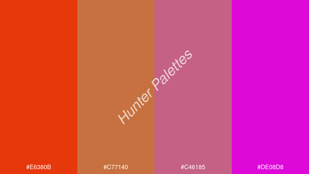 kalua szín palettája a következőkkel: #e6380b #c77140 #c46185 #de08d8