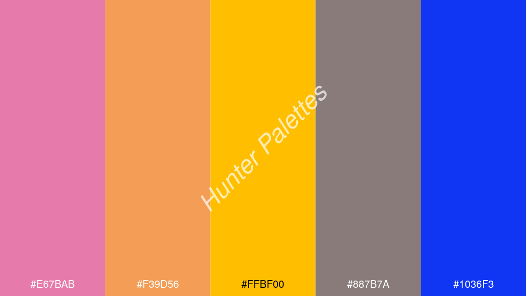 borostyán szín palettája a következőkkel: #e67bab #f39d56 #ffbf00 #887b7a #1036f3
