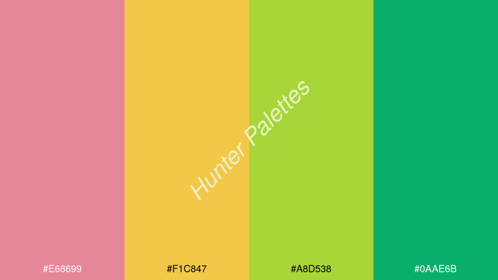 kanárisárga szín palettája a következőkkel: #e68699 #f1c847 #a8d538 #0aae6b
