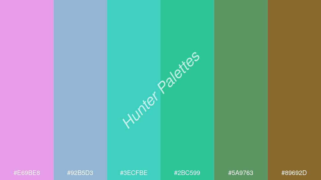 karibi zöld szín palettája a következőkkel: #e69be8 #92b5d3 #3ecfbe #2bc599 #5a9763 #89692d