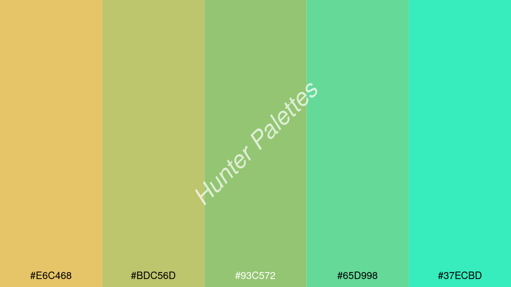 pisztáciazöld szín palettája a következőkkel: #e6c468 #bdc56d #93c572 #65d998 #37ecbd