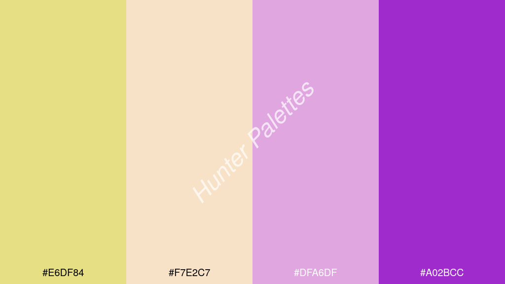 halvány rózsaszín szín palettája a következőkkel: #e6df84 #f7e2c7 #dfa6df #a02bcc