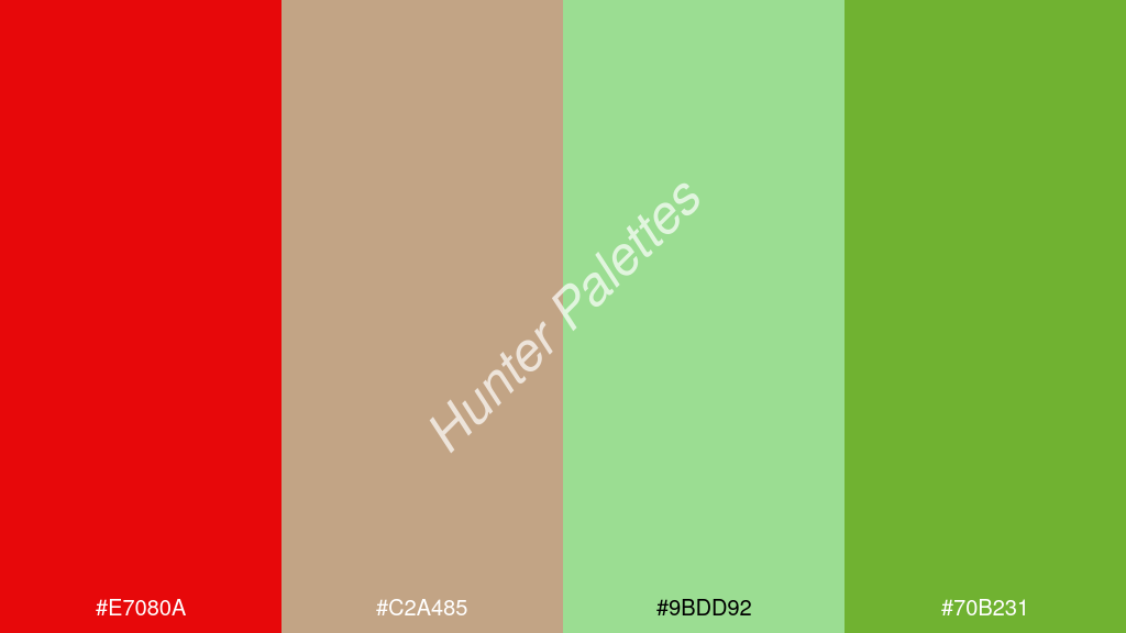 pasztellzöld szín palettája a következőkkel: #e7080a #c2a485 #9bdd92 #70b231