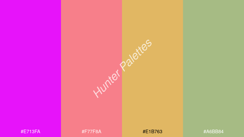világos narancs szín palettája a következőkkel: #e713fa #f77f8a #e1b763 #a6bb84