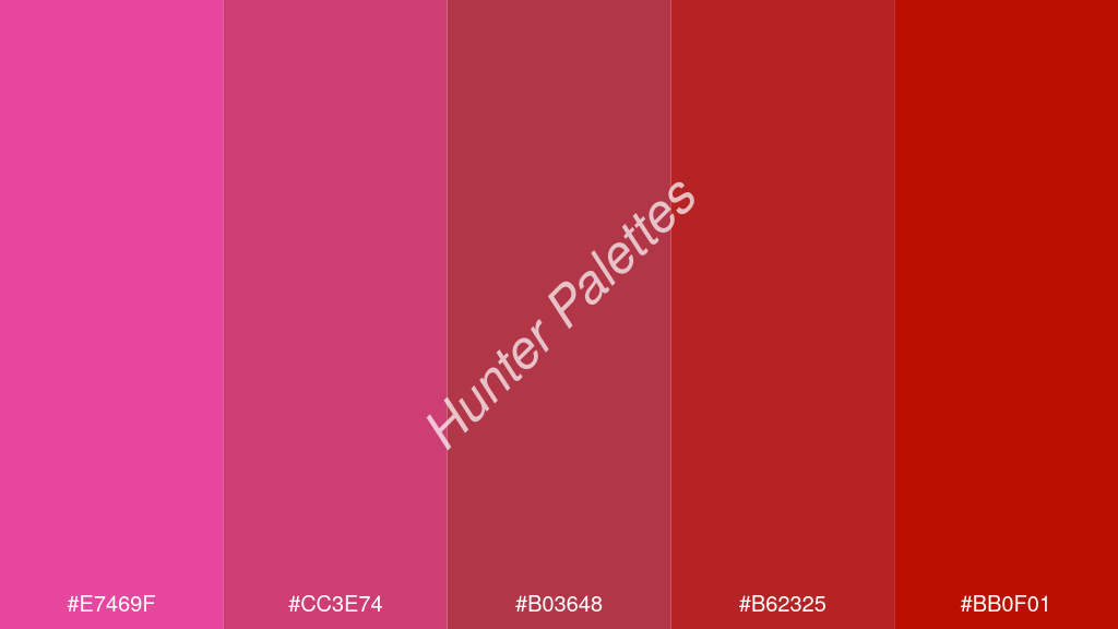 gránát szín palettája a következőkkel: #e7469f #cc3e74 #b03648 #b62325 #bb0f01