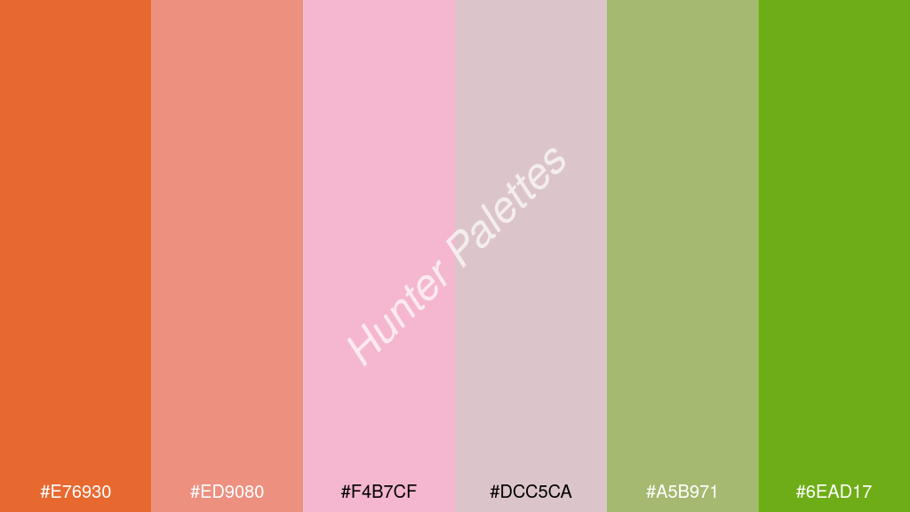 világos rózsaszín szín palettája a következőkkel: #e76930 #ed9080 #f4b7cf #dcc5ca #a5b971 #6ead17