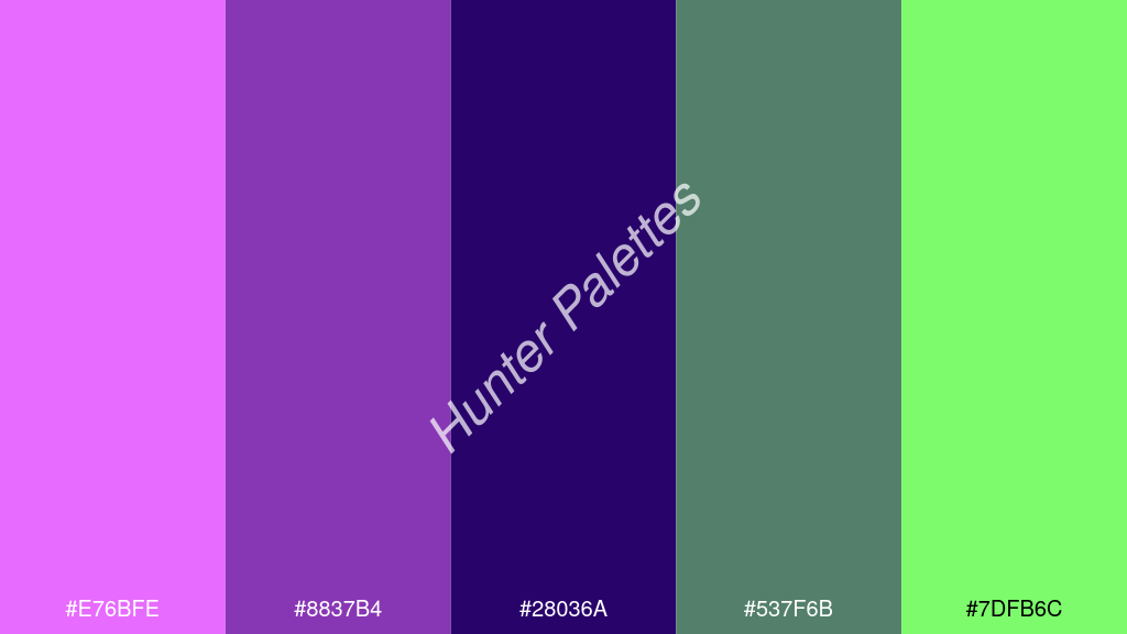 Francia kék szín palettája a következőkkel: #e76bfe #8837b4 #28036a #537f6b #7dfb6c