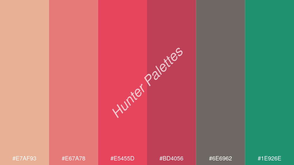 amarant szín palettája a következőkkel: #e7af93 #e67a78 #e5455d #bd4056 #6e6962 #1e926e