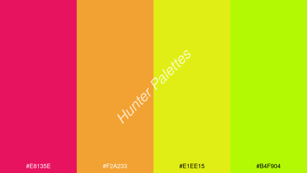 kanárisárga szín palettája a következőkkel: #e8135e #f2a233 #e1ee15 #b4f904