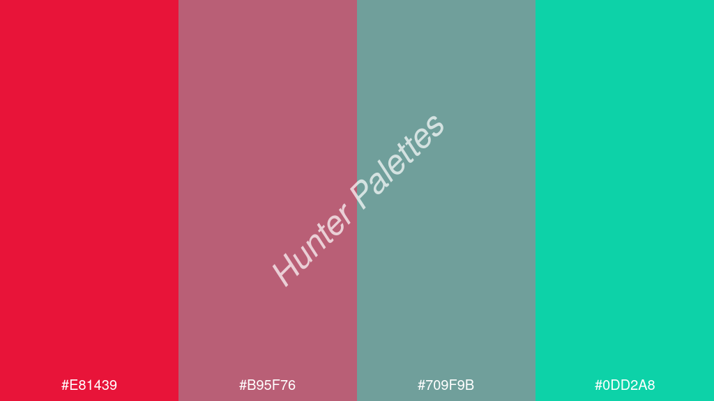 pasztell lila szín palettája a következőkkel: #e81439 #b95f76 #709f9b #0dd2a8