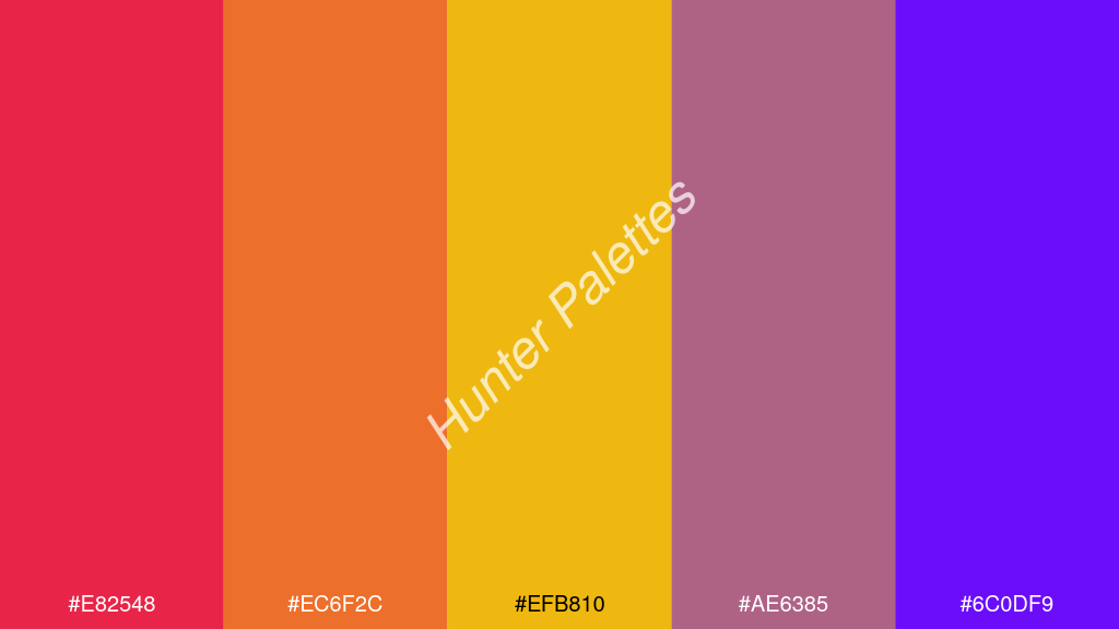 arany szín palettája a következőkkel: #e82548 #ec6f2c #efb810 #ae6385 #6c0df9