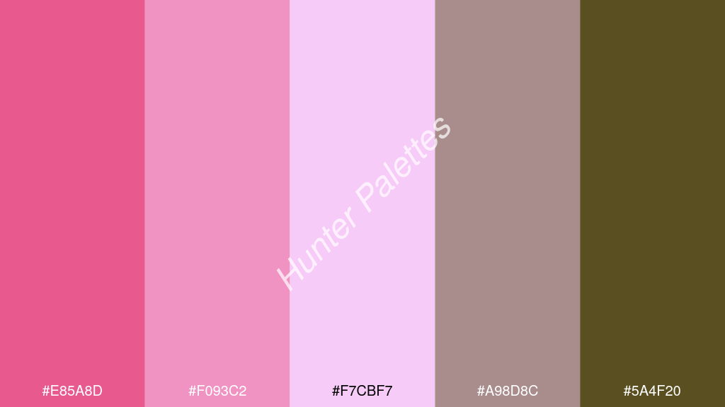 világos rózsaszín szín palettája a következőkkel: #e85a8d #f093c2 #f7cbf7 #a98d8c #5a4f20